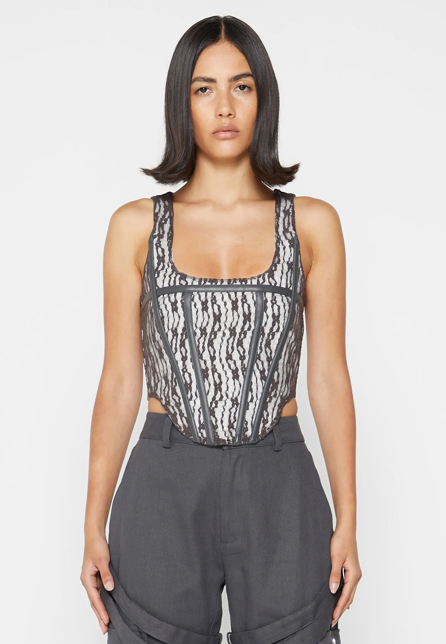 Lace with Leather Corset Top - Grey sold by Maniere De Voir