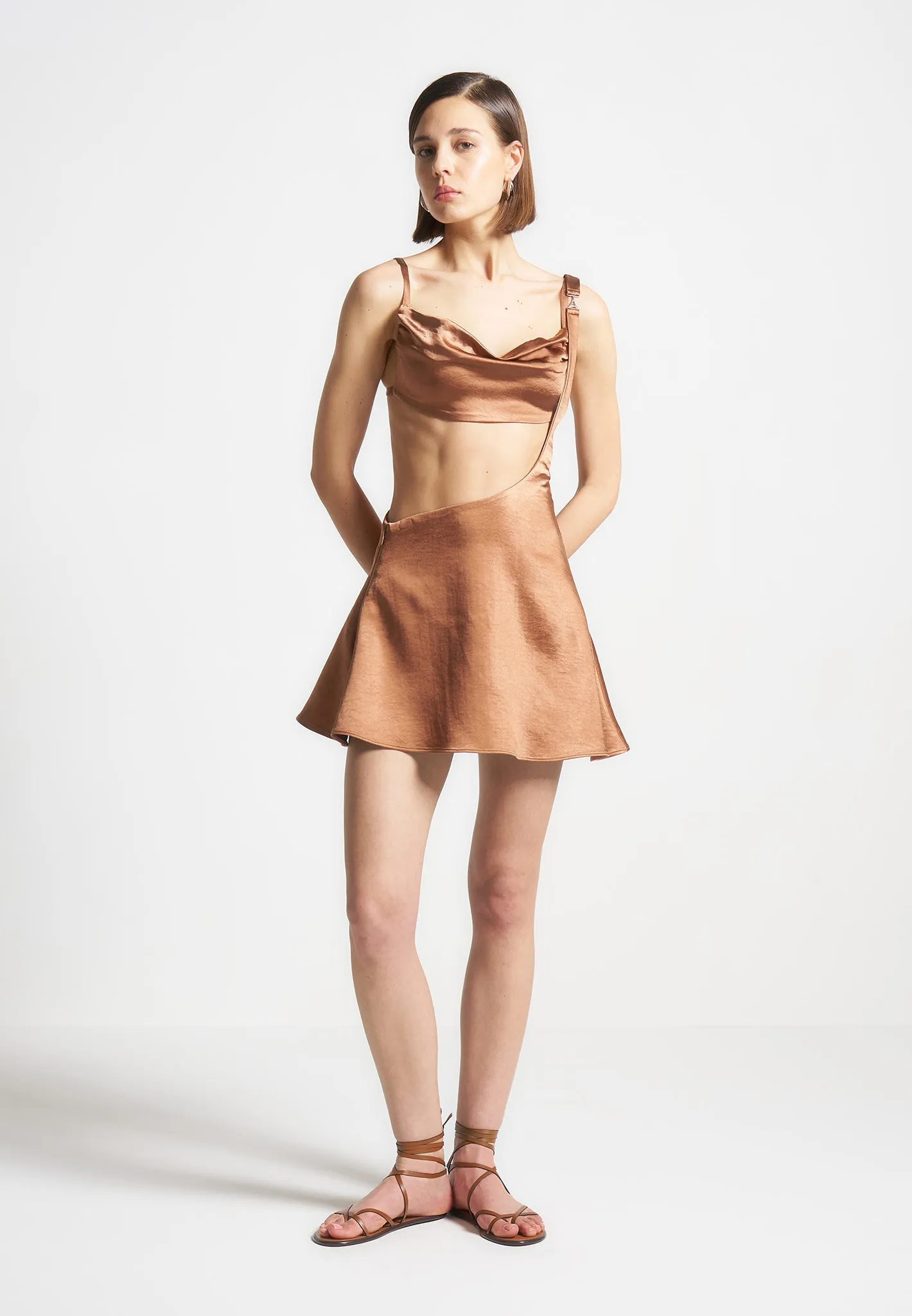 Satin Bralette Fluted Mini Dress - Bronze sold by Maniere De Voir