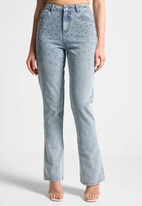 Scattered Rhinestone Mini Flare Jeans - Mid Blue sold by Maniere De Voir