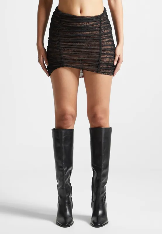 Ruched Lace Asymmetric Mini Skirt - Black sold by Maniere De Voir