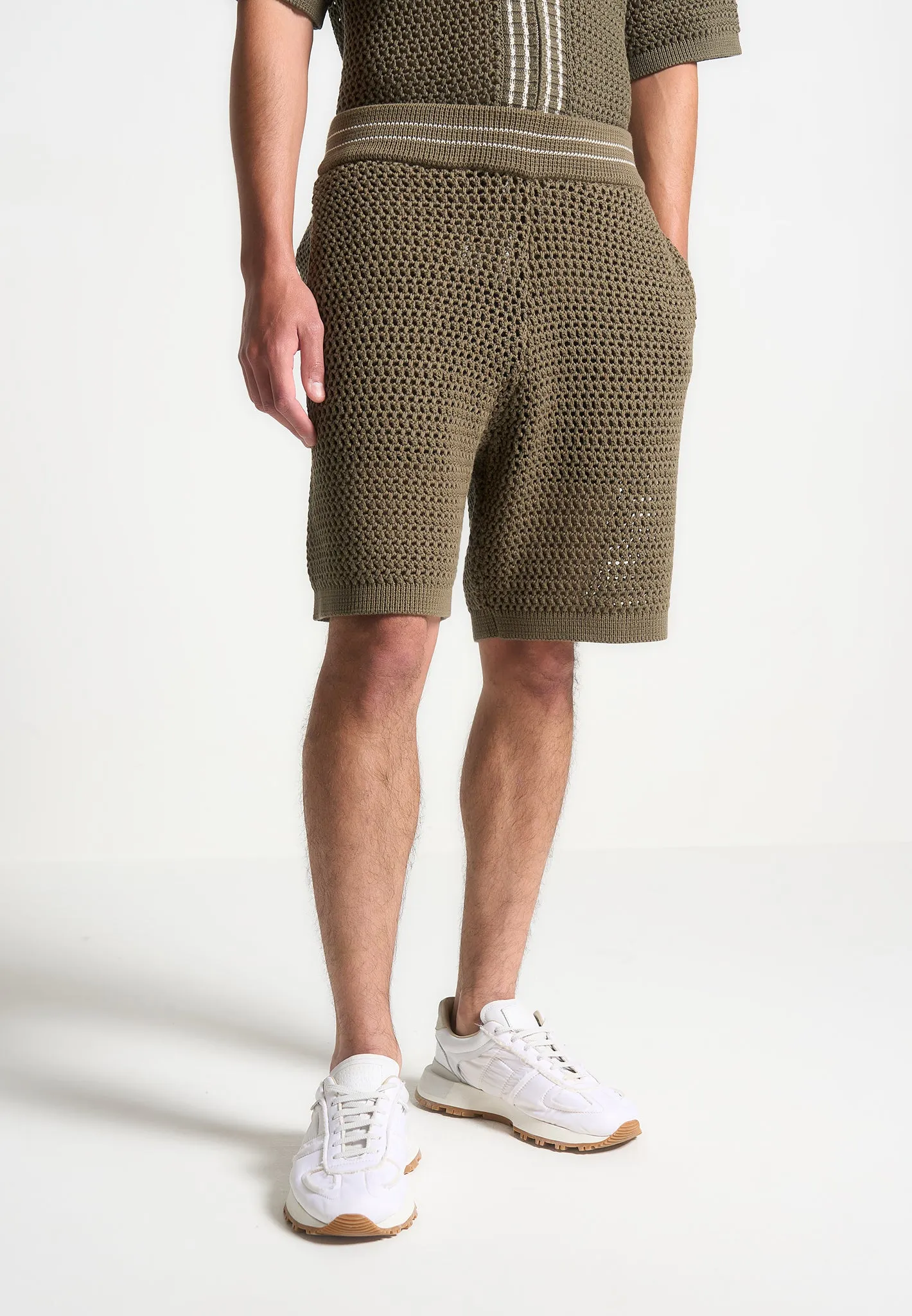 Crochet Knit Stripe Shorts - Khaki sold by Maniere De Voir product image thumbnail 5