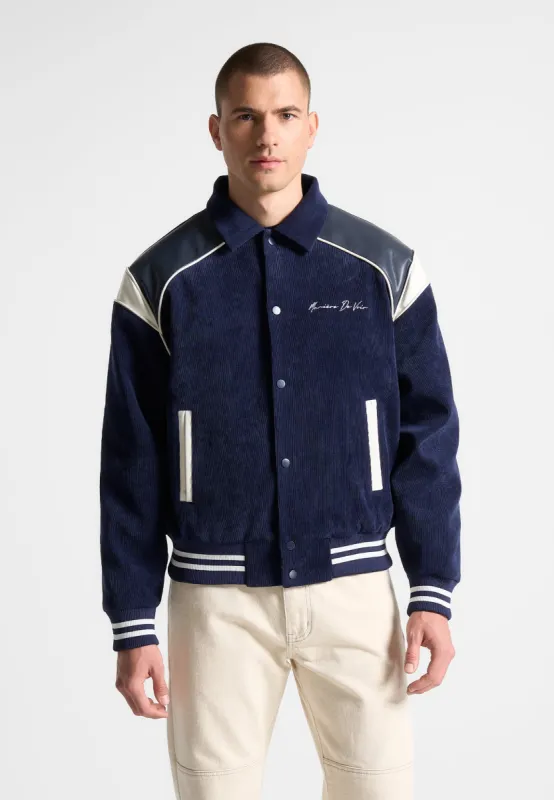 Raglan Corduroy Eiffel Varsity Jacket - Navy sold by Maniere De Voir
