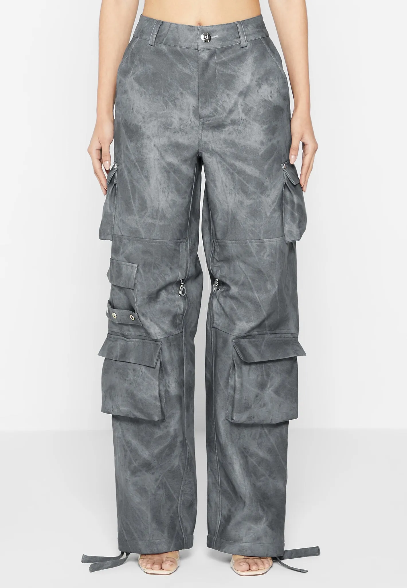 High Waisted Vintage Marble Leather Cargo Pants - Washed