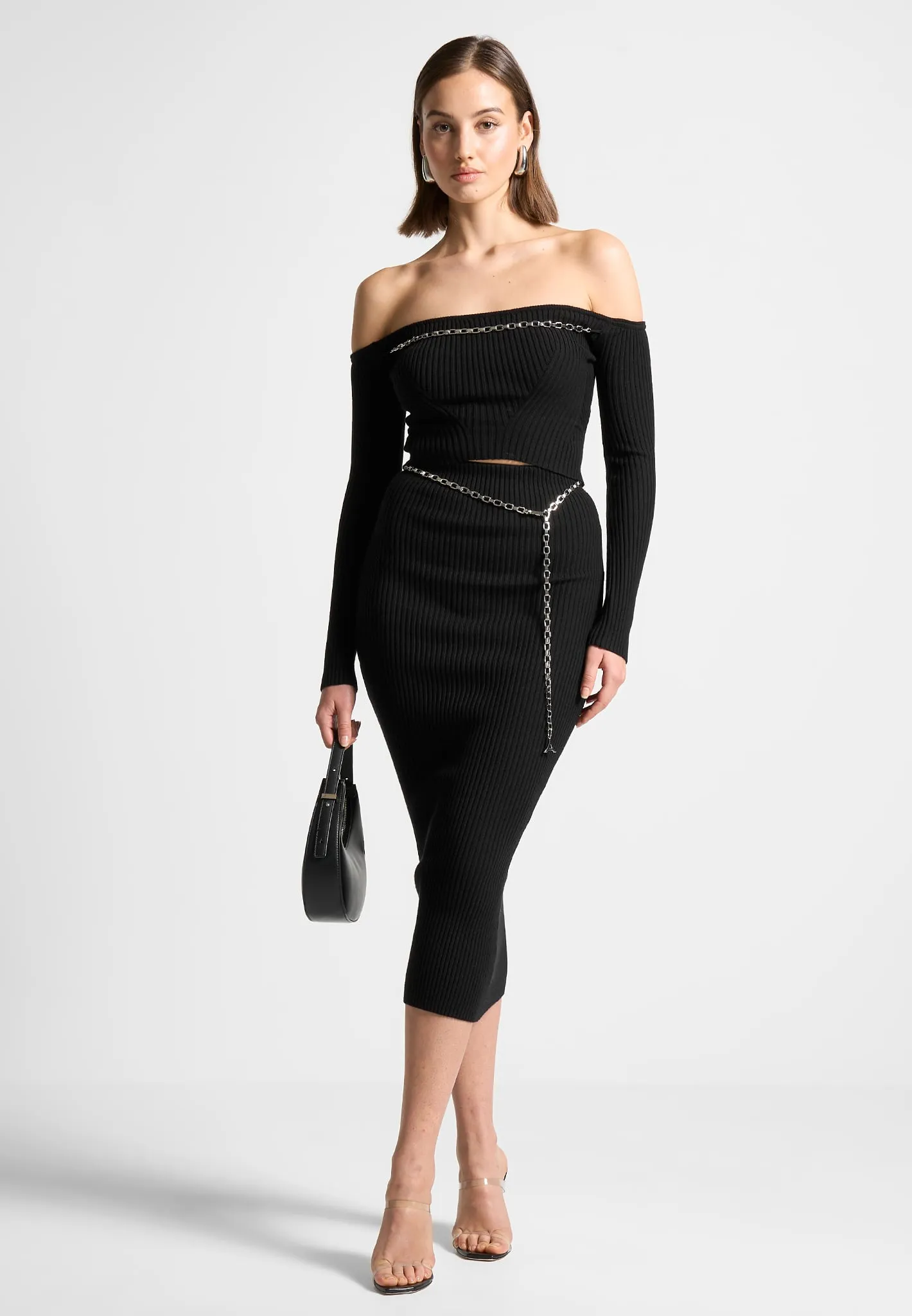 Ribbed Knit Bardot Crop Top with Chain - Black sold by Maniere De Voir product image thumbnail 2