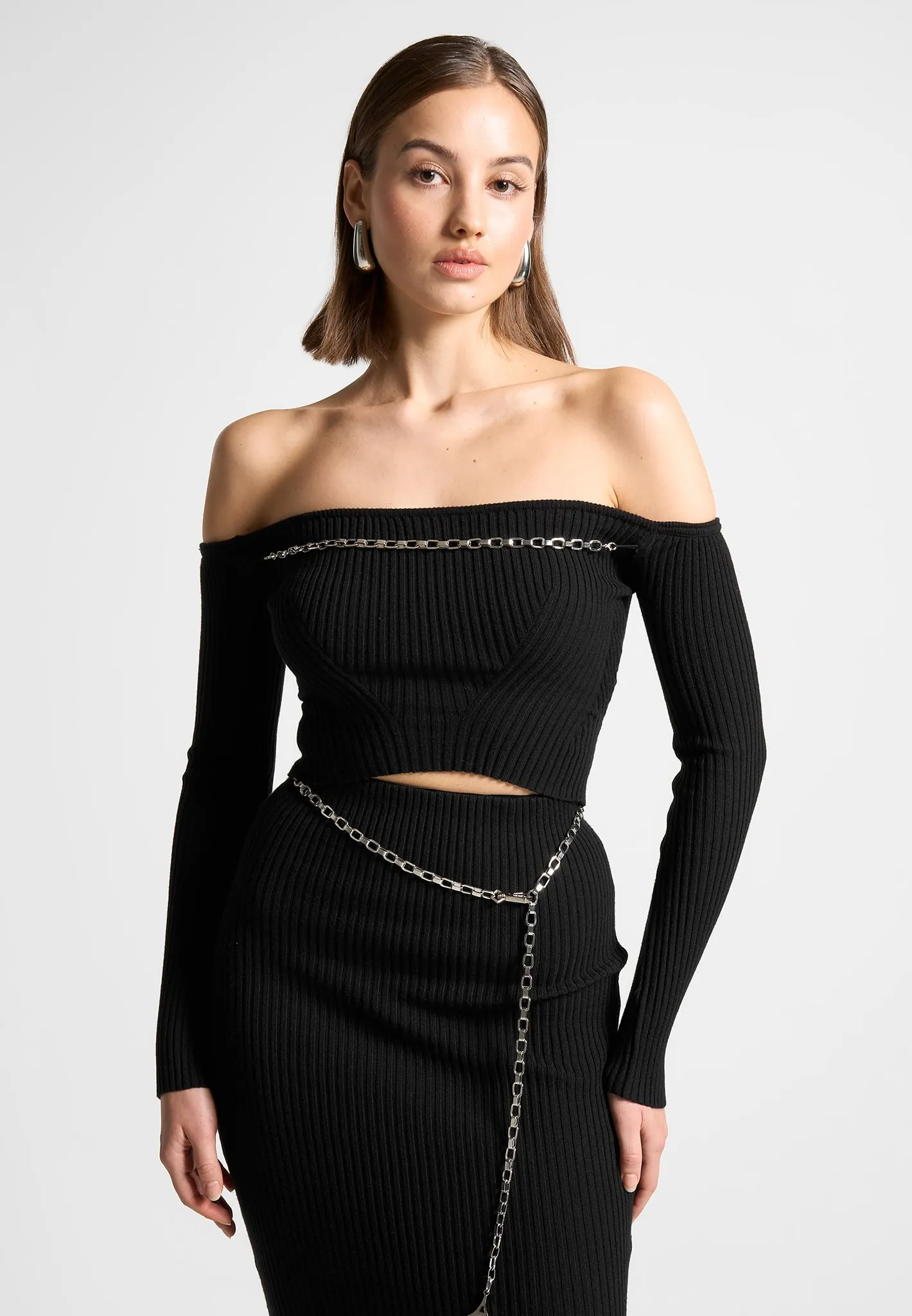 Ribbed Knit Bardot Crop Top with Chain - Black sold by Maniere De Voir