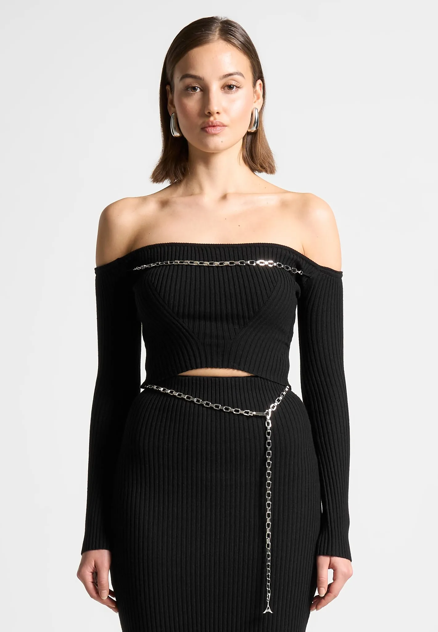 Ribbed Knit Bardot Crop Top with Chain - Black sold by Maniere De Voir product image thumbnail 3