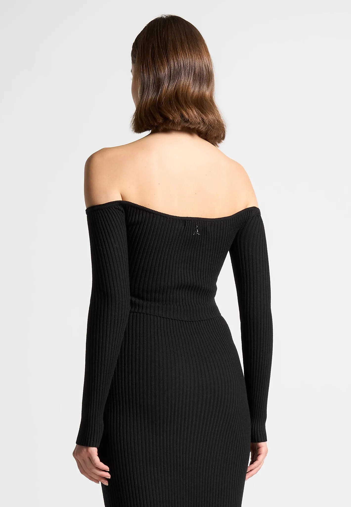 Ribbed Knit Bardot Crop Top with Chain - Black sold by Maniere De Voir product image thumbnail 4