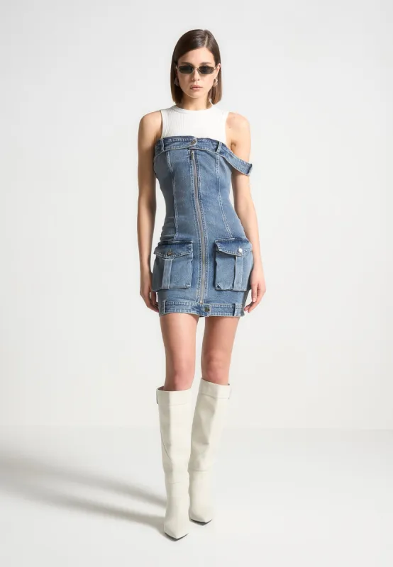 Denim Racer Neck Rib Cargo Dress - Mid Blue/White sold by Maniere De Voir