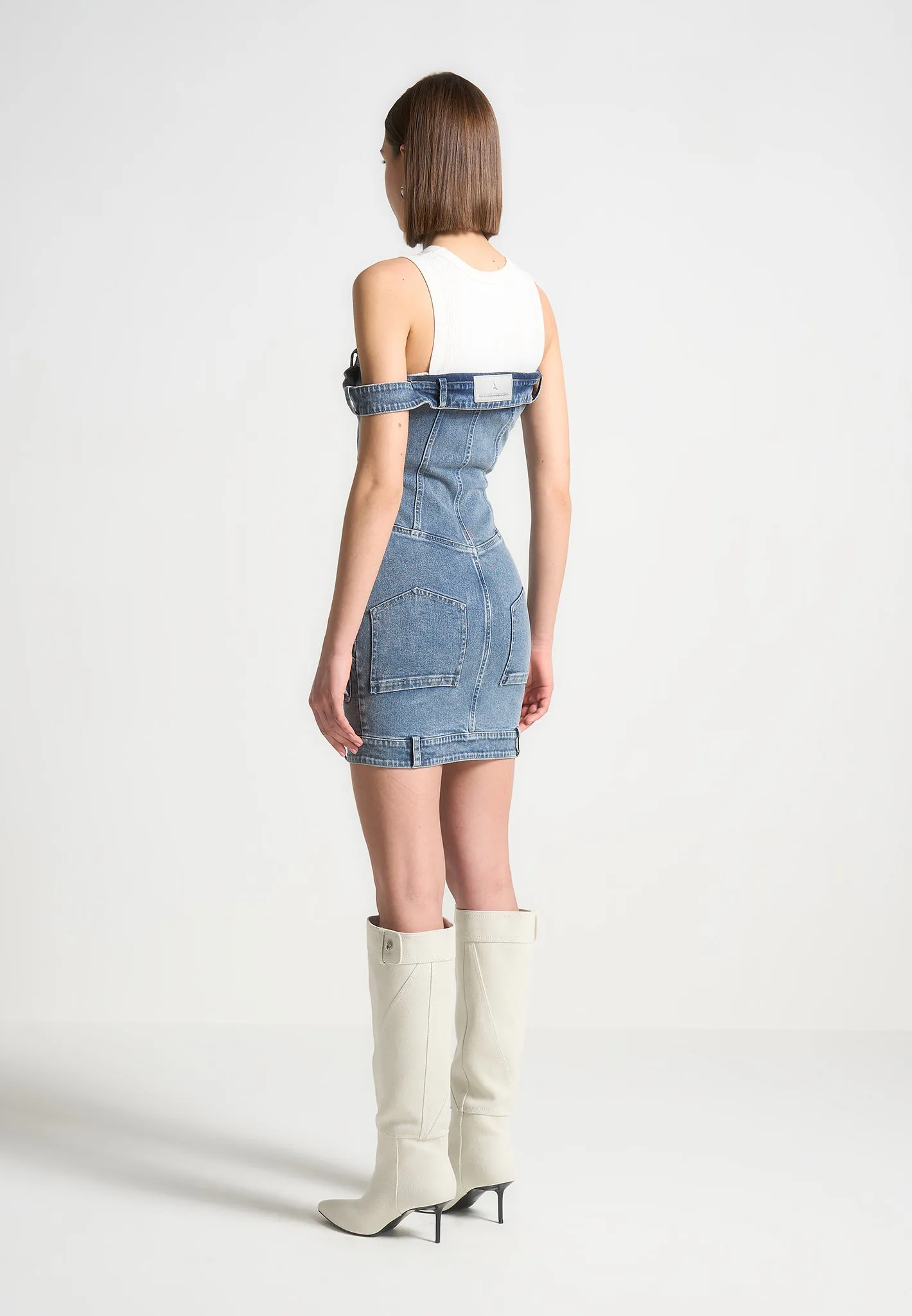 Denim Racer Neck Rib Cargo Dress - Mid Blue/White sold by Maniere De Voir product image thumbnail 4