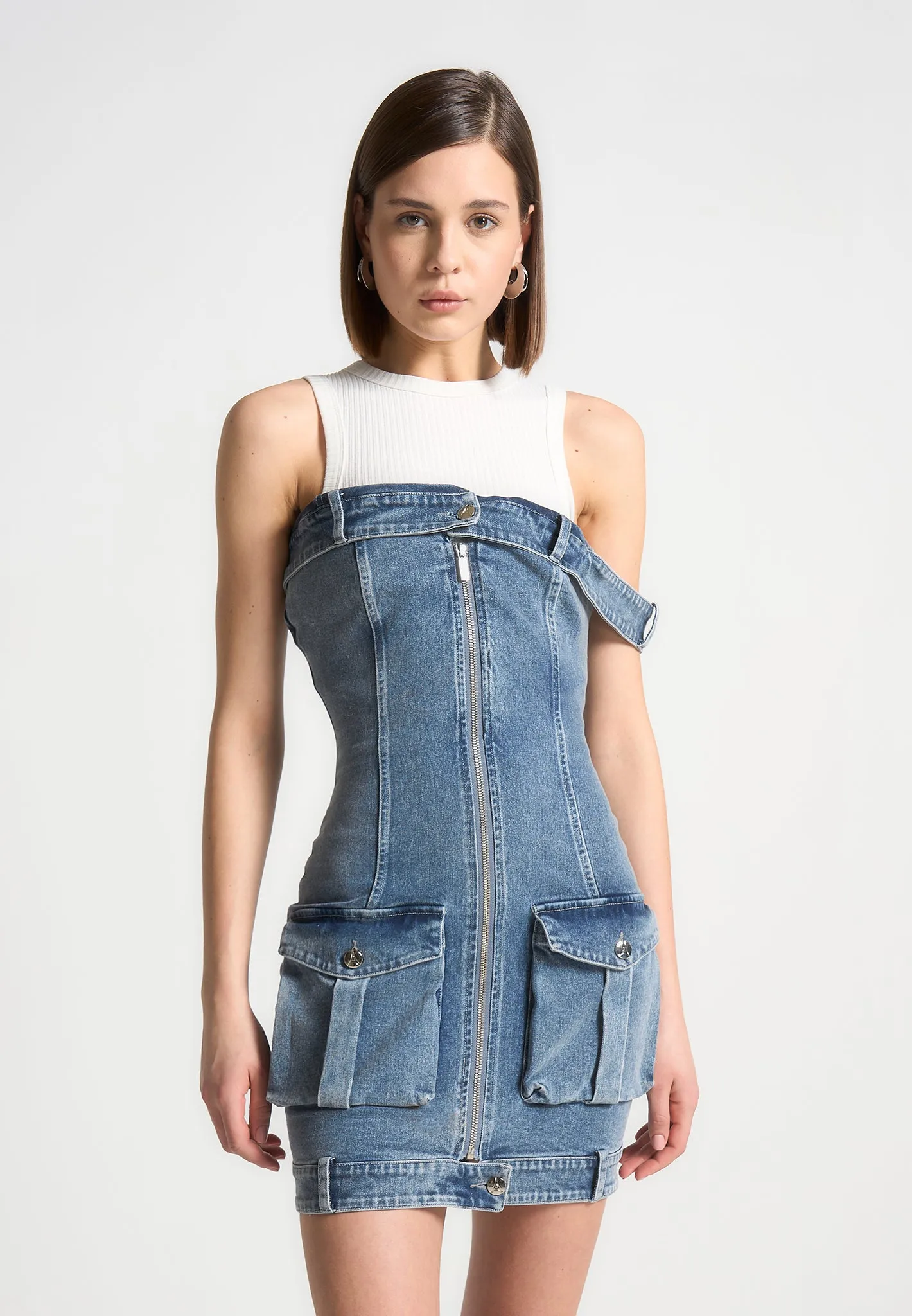 Denim Racer Neck Rib Cargo Dress - Mid Blue/White sold by Maniere De Voir product image thumbnail 2