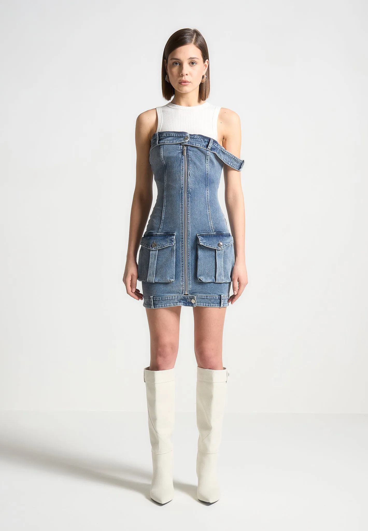 Denim Racer Neck Rib Cargo Dress - Mid Blue/White sold by Maniere De Voir product image thumbnail 3