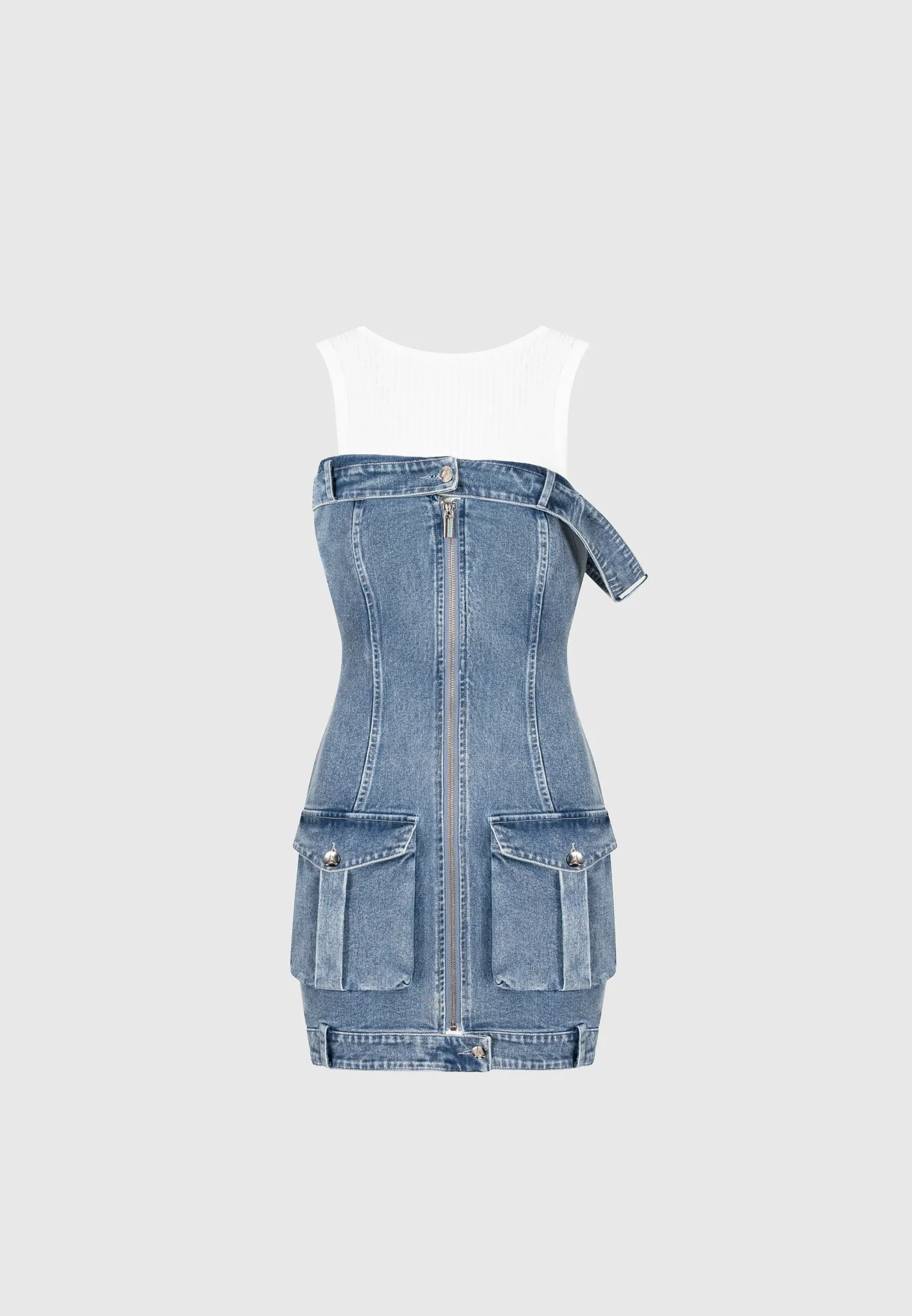 Denim Racer Neck Rib Cargo Dress - Mid Blue/White sold by Maniere De Voir product image thumbnail 5