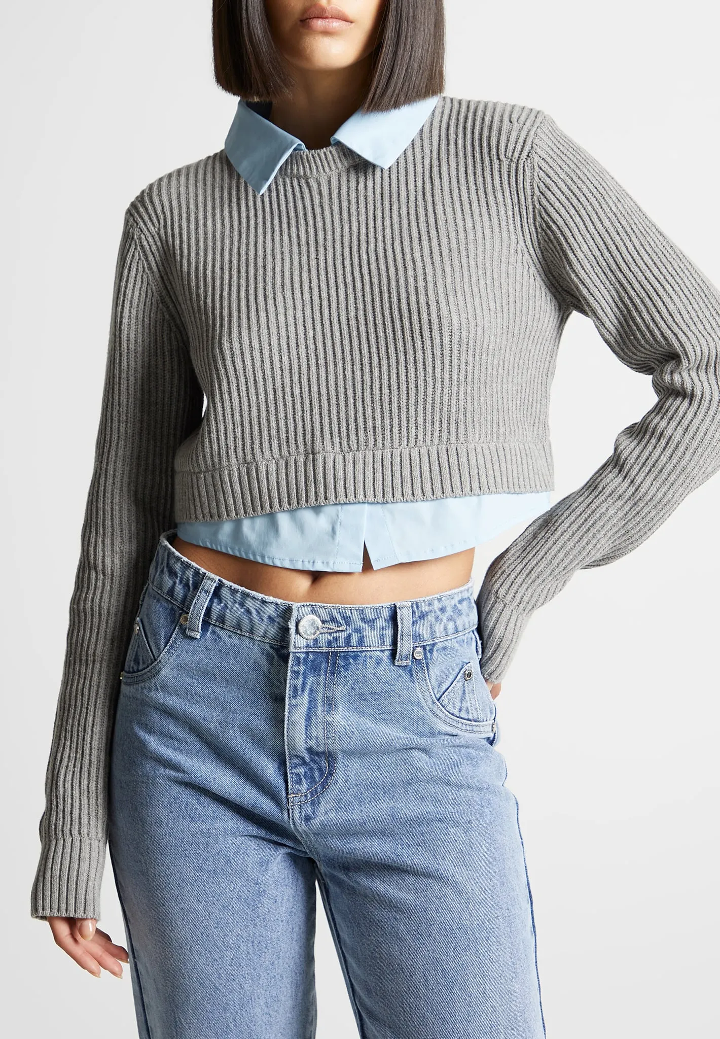Knitted Jumper with Shirt Detail - Blue/Grey sold by Maniere De Voir product image thumbnail 4