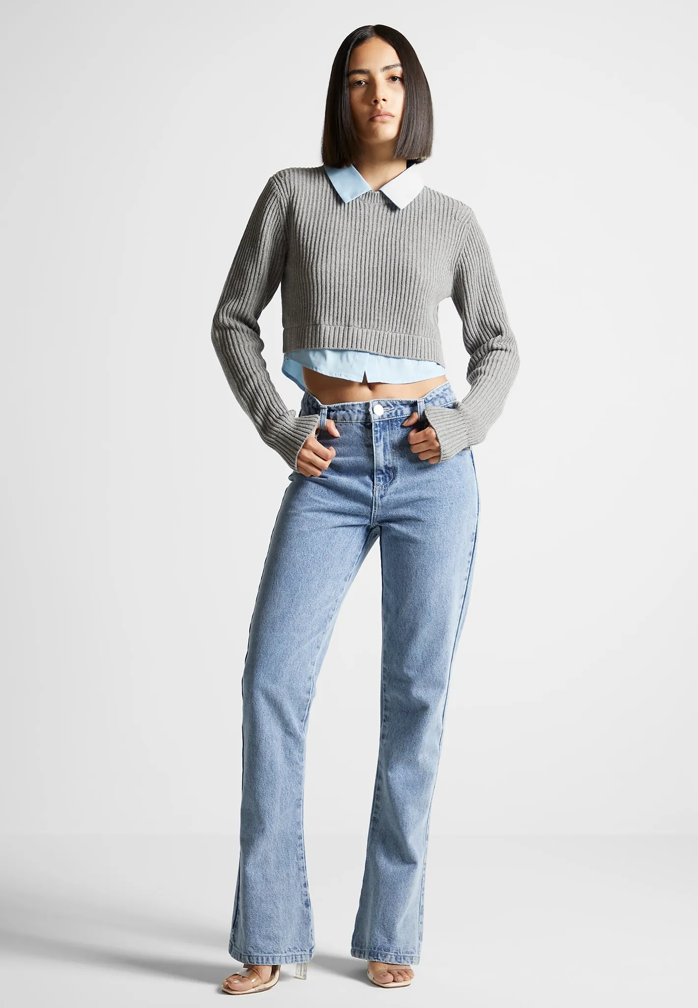 Knitted Jumper with Shirt Detail - Blue/Grey sold by Maniere De Voir
