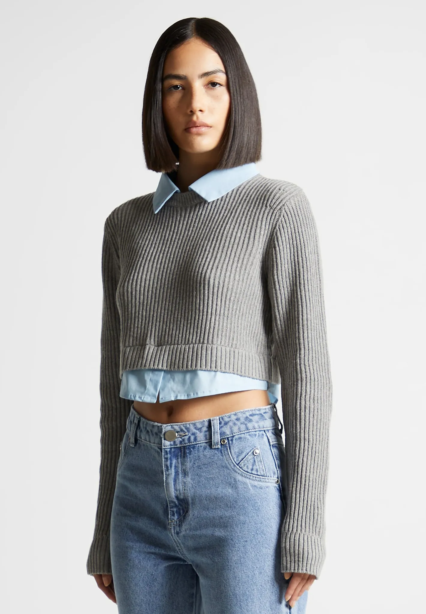 Knitted Jumper with Shirt Detail - Blue/Grey sold by Maniere De Voir product image thumbnail 5