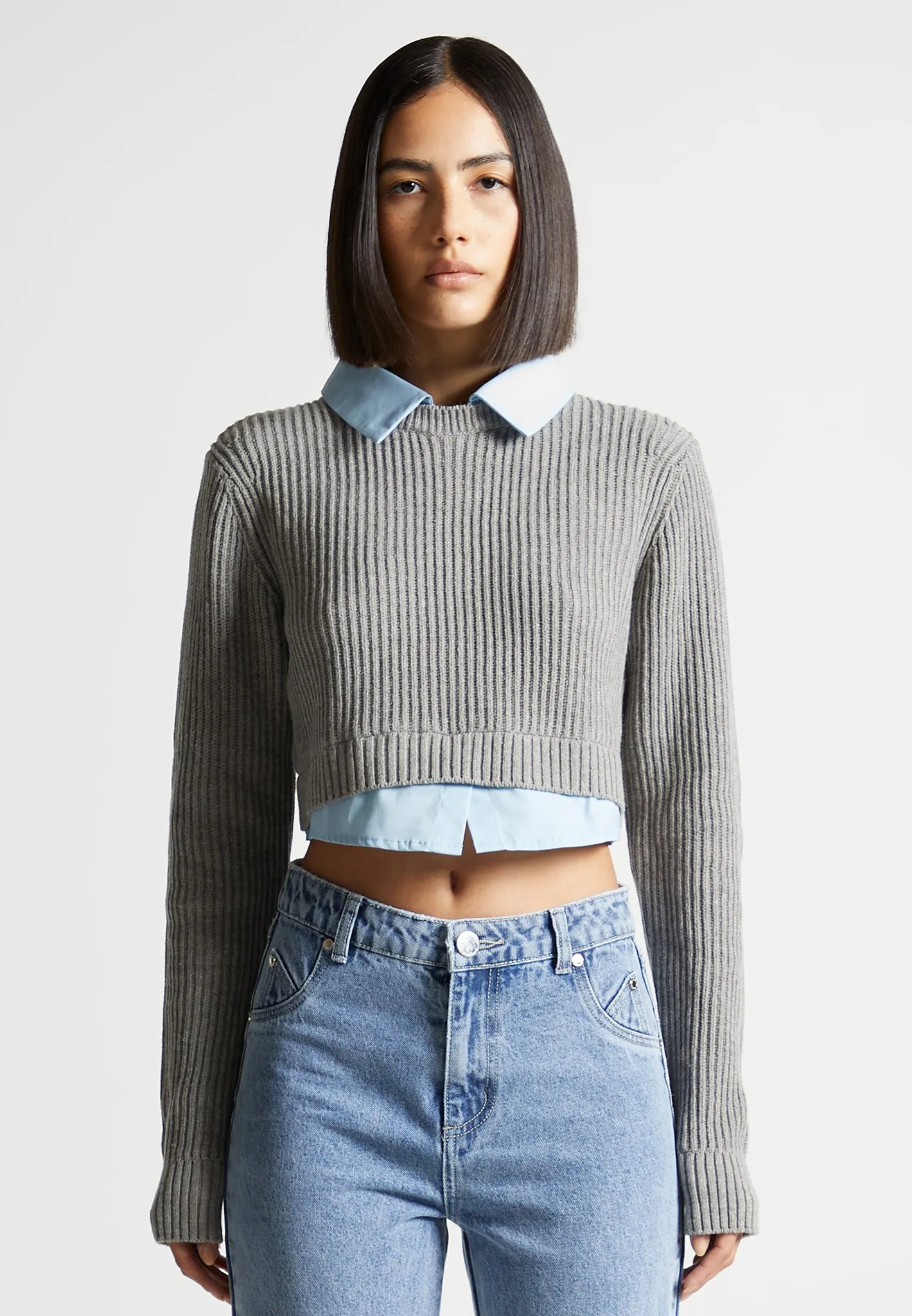 Knitted Jumper with Shirt Detail - Blue/Grey sold by Maniere De Voir product image thumbnail 3