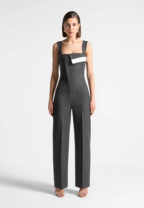 Camille - Tailored Pinstripe Jumpsuit - Grey sold by Maniere De Voir