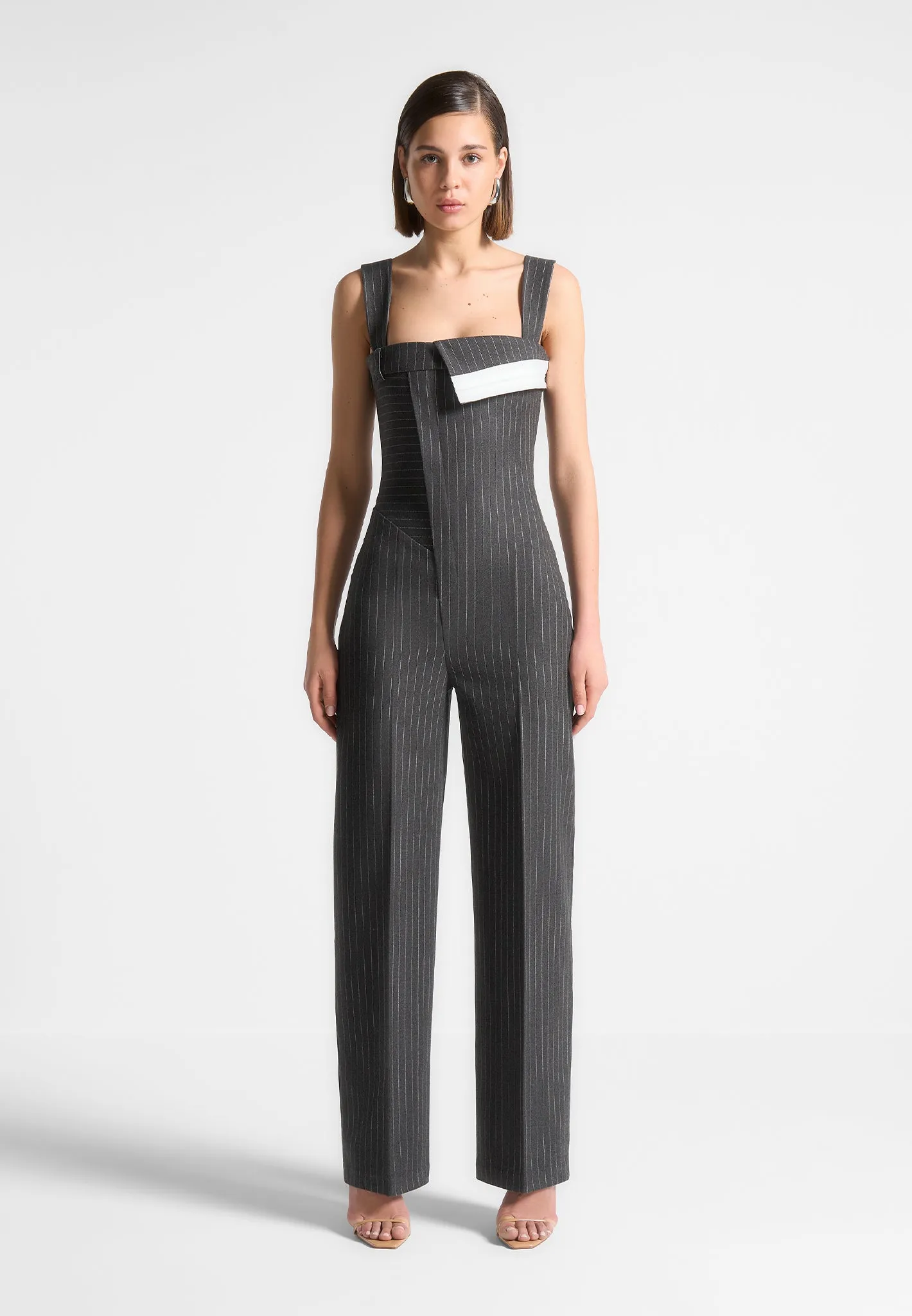 Camille - Tailored Pinstripe Jumpsuit - Grey sold by Maniere De Voir