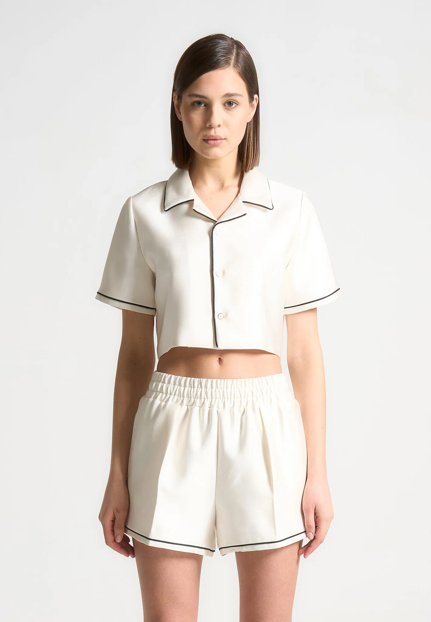 Satin Cropped Shirt with Piping - Cream sold by Maniere De Voir product image thumbnail 3