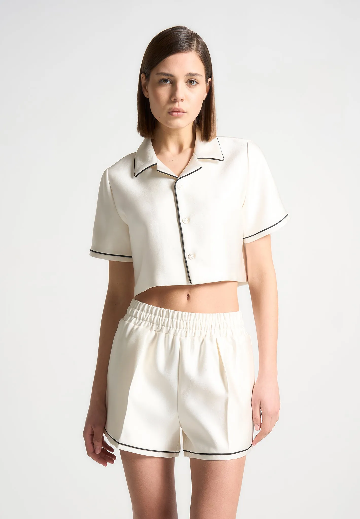 Satin Cropped Shirt with Piping - Cream sold by Maniere De Voir