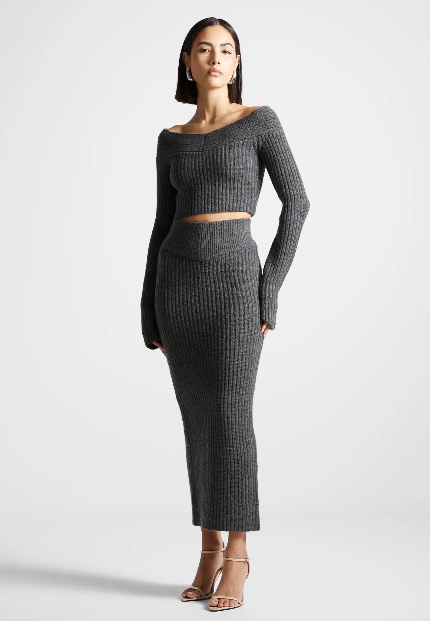 Angled Waist Knit Maxi Skirt - Grey Marl sold by Maniere De Voir product image thumbnail 3