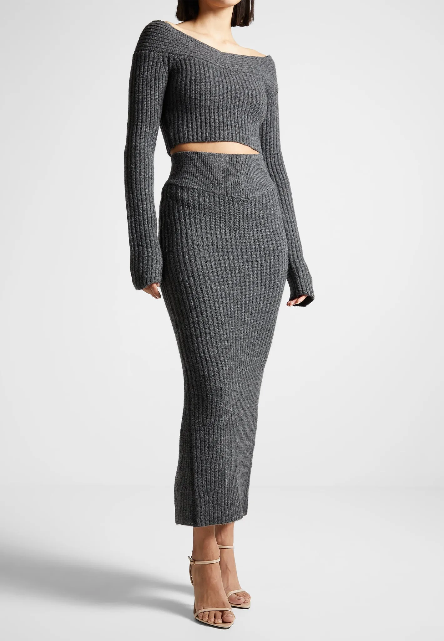 Angled Waist Knit Maxi Skirt - Grey Marl sold by Maniere De Voir