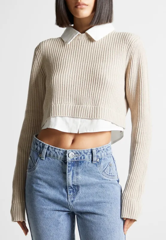 Knitted Jumper with Shirt Detail - White/Beige sold by Maniere De Voir
