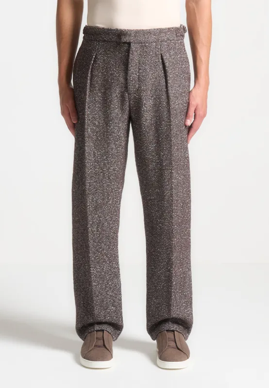 Relaxed Fit Herringbone Pleated Tailored Trousers - Brown sold by Maniere De Voir