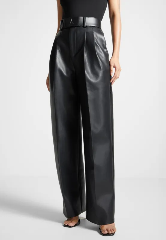Leather Pleated Trousers with Eiffel Belt - Black sold by Maniere De Voir