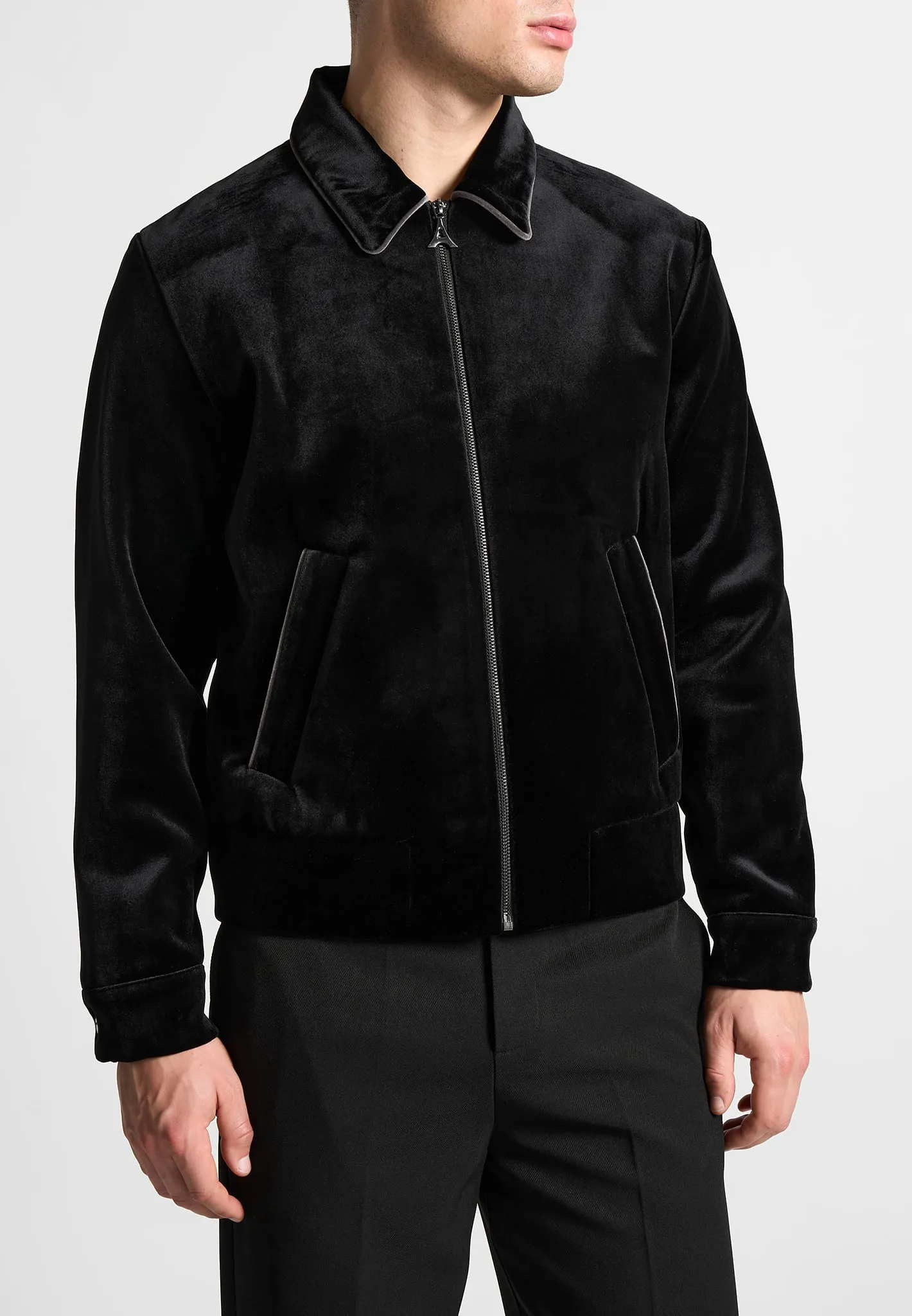 Velvet Jacket with Contrast Piping - Black sold by Maniere De Voir