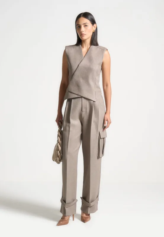 Laurence - Textured Tailored Wrap Waistcoat - Taupe sold by Maniere De Voir