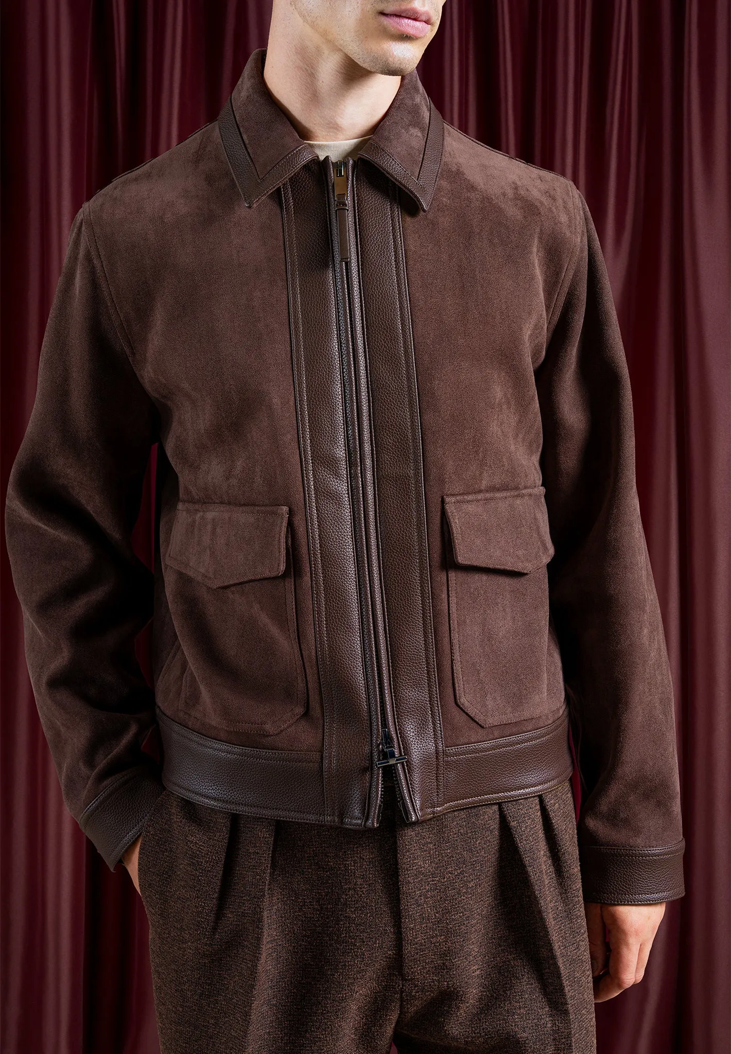 Suede & Pebbled Leather Jacket - Brown sold by Maniere De Voir product image thumbnail 3