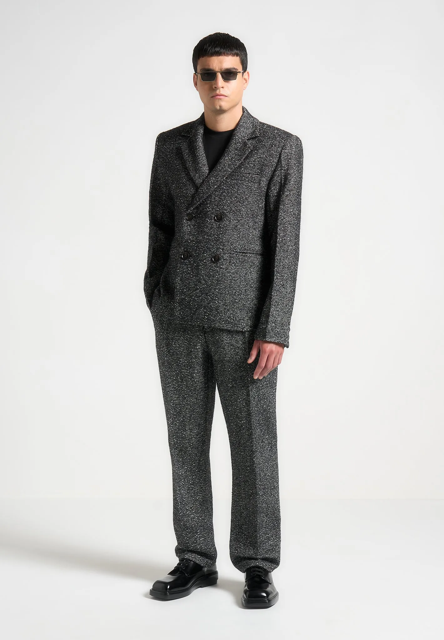 Joseph - Regular Fit Herringbone Wool Blend Tailored Trousers - Black sold by Maniere De Voir