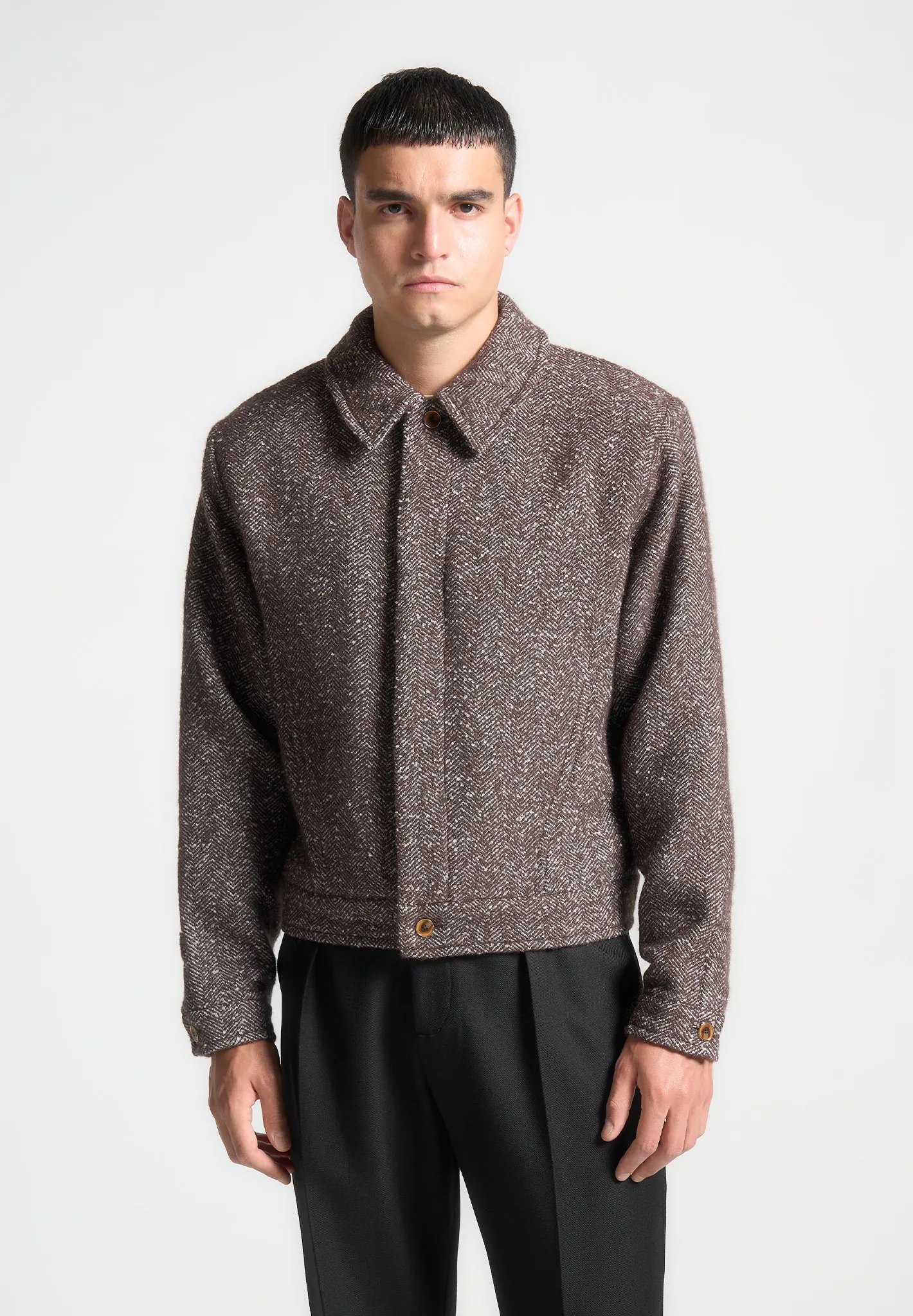 Boxy Herringbone Wool Blend Jacket - Brown sold by Maniere De Voir product image thumbnail 5