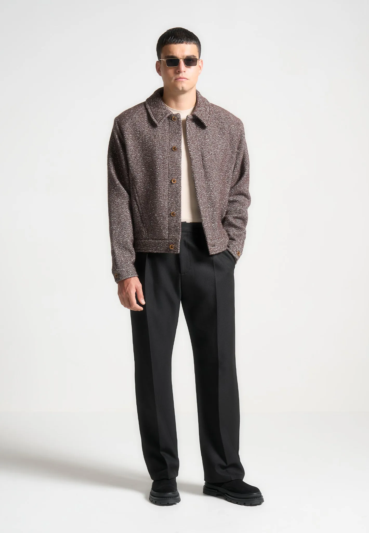 Boxy Herringbone Wool Blend Jacket - Brown sold by Maniere De Voir product image thumbnail 2