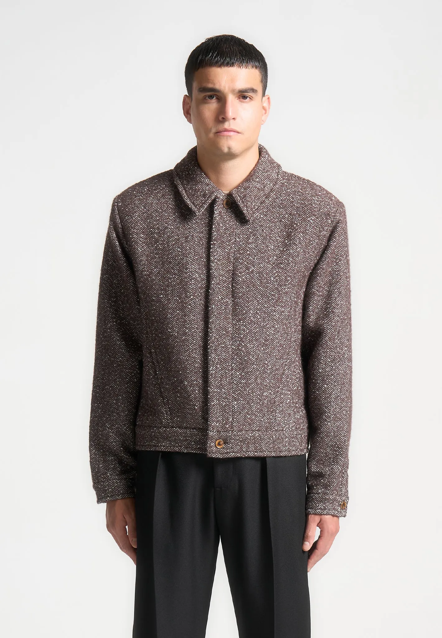 Boxy Herringbone Wool Blend Jacket - Brown sold by Maniere De Voir product image thumbnail 3