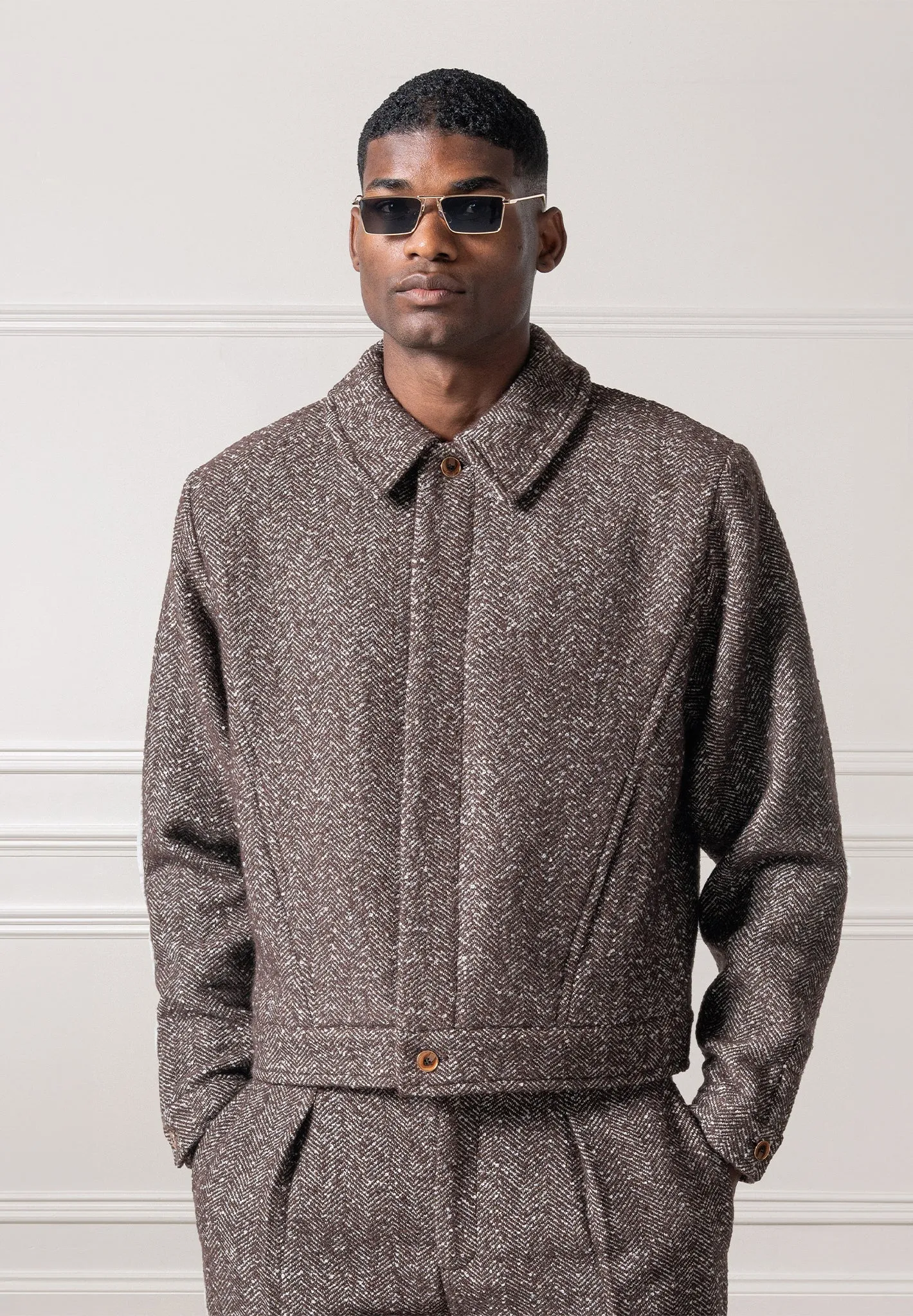 Boxy Herringbone Wool Blend Jacket - Brown sold by Maniere De Voir