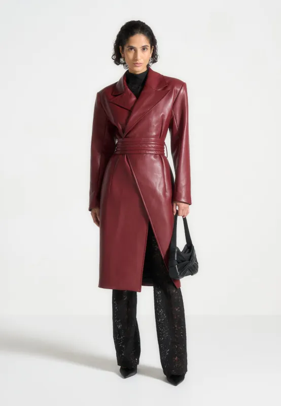 Leather Asymmetric Belted Coat - Wine Red sold by Maniere De Voir