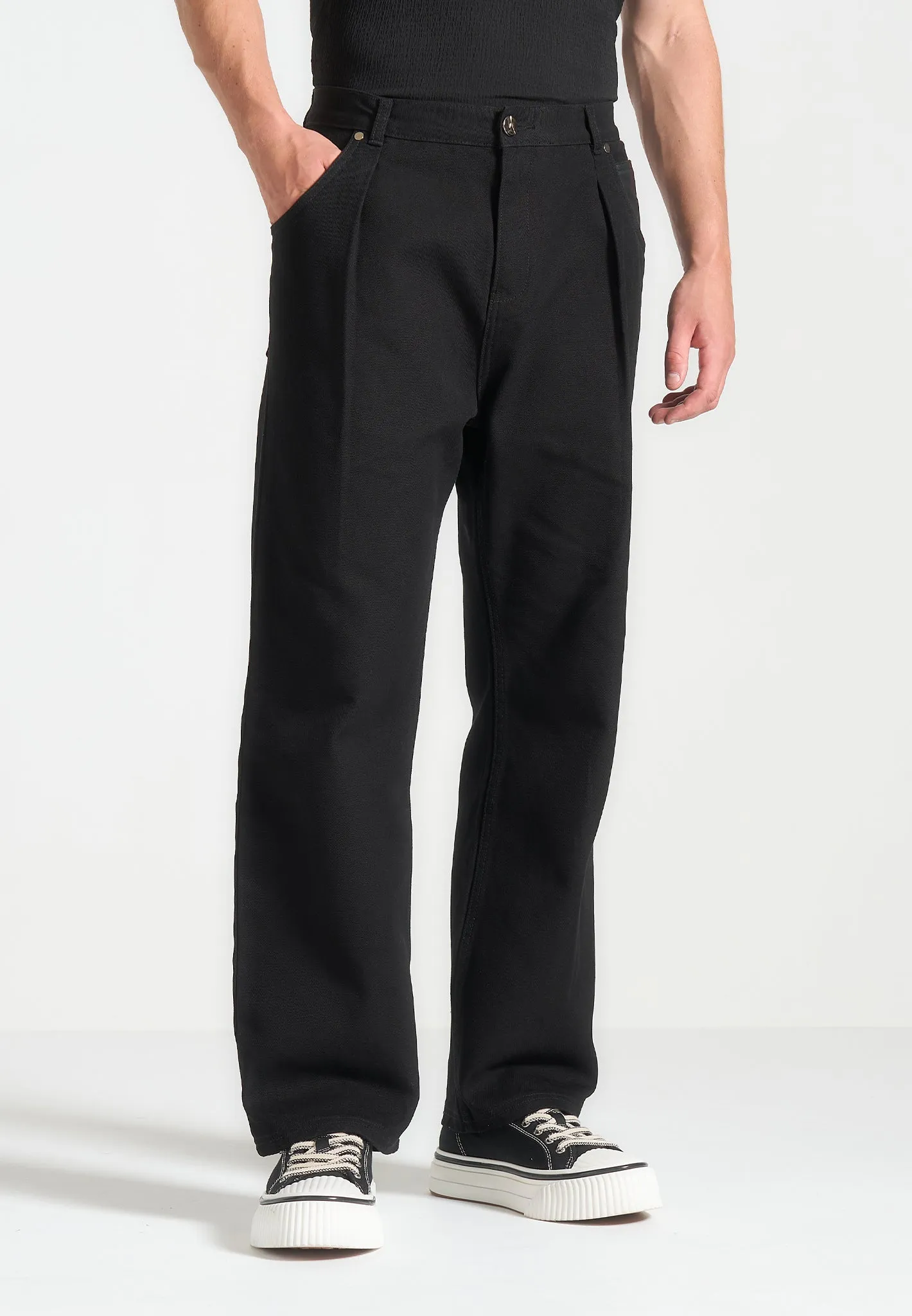 Relaxed Fit Pleated Gabardine Jeans - Black sold by Maniere De Voir