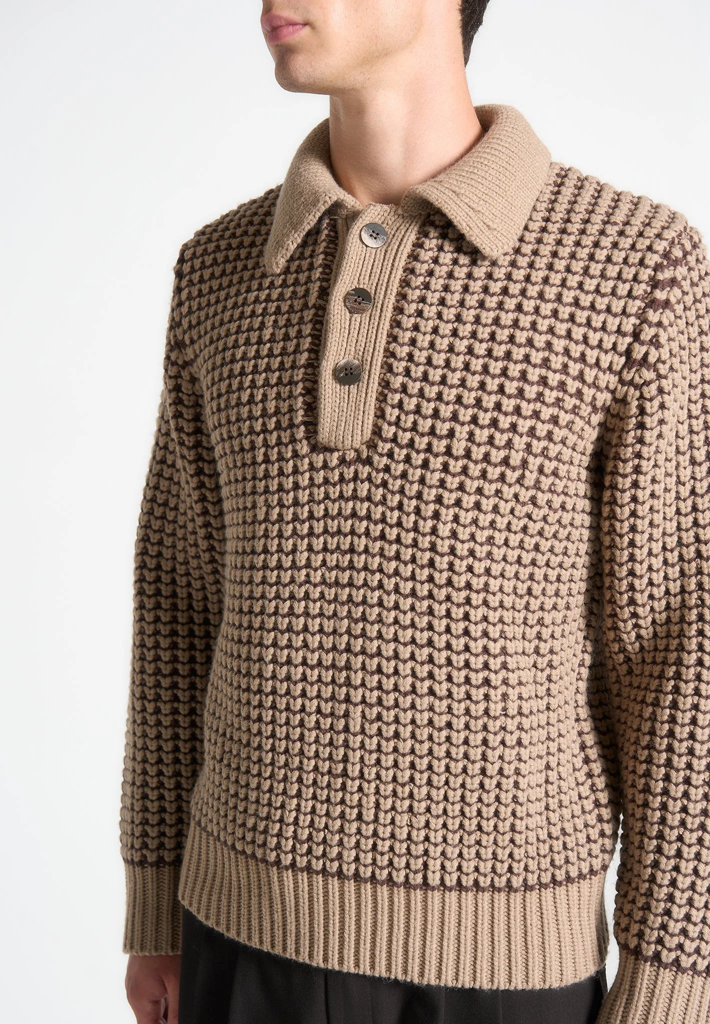 Textured Wool Knit Polo Jumper - Taupe sold by Maniere De Voir product image thumbnail 5