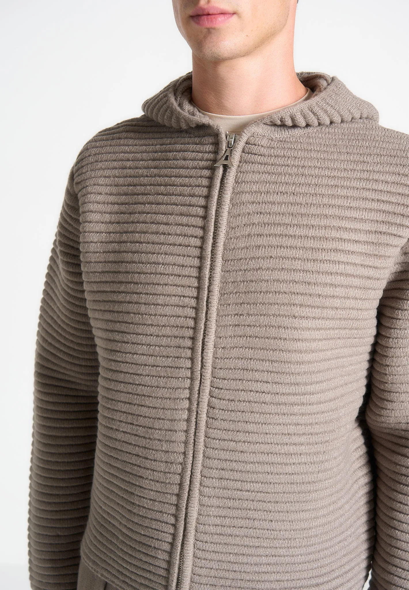 Ribbed Knit Zip Up Hoodie - Taupe sold by Maniere De Voir product image thumbnail 4