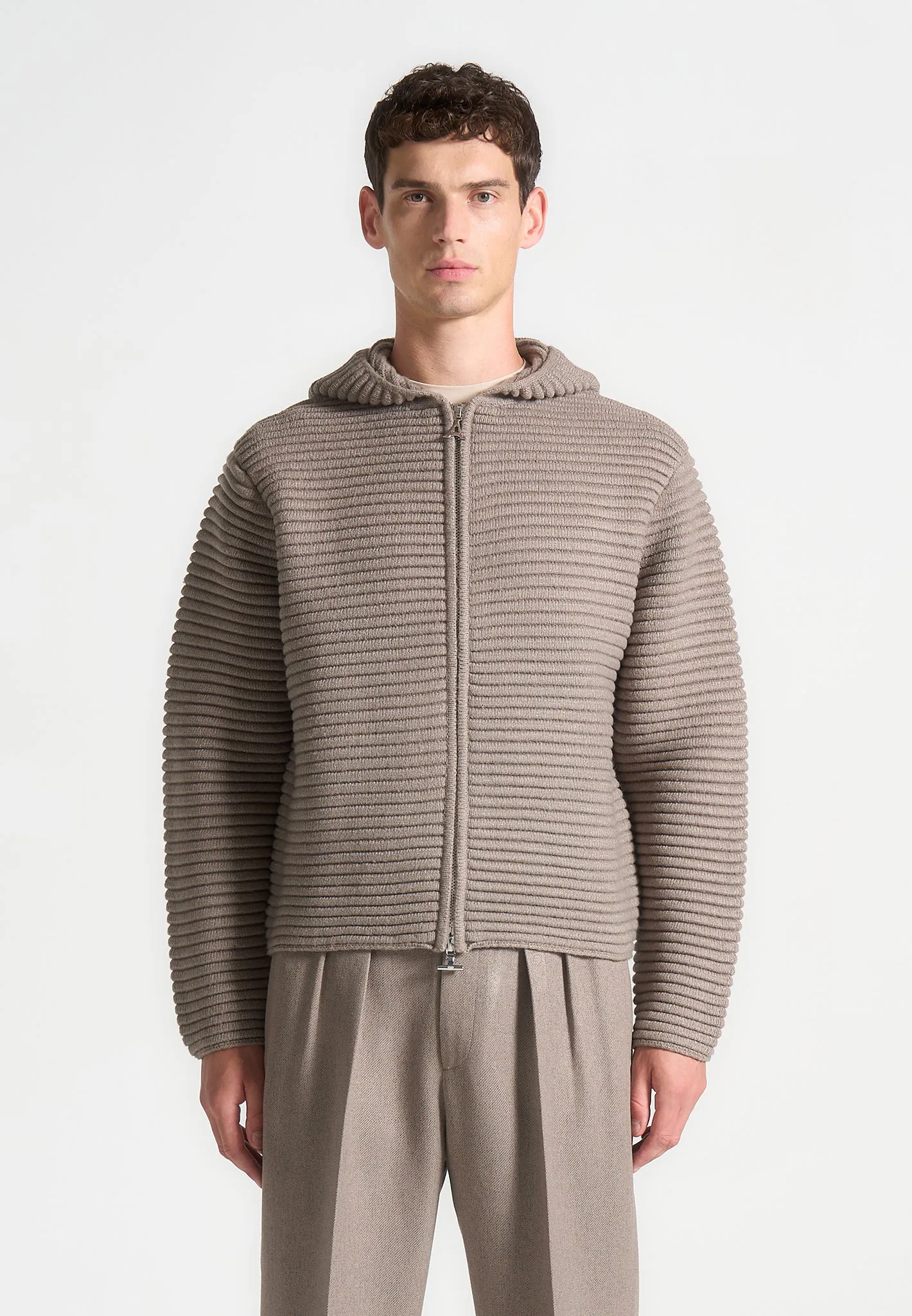 Ribbed Knit Zip Up Hoodie - Taupe sold by Maniere De Voir