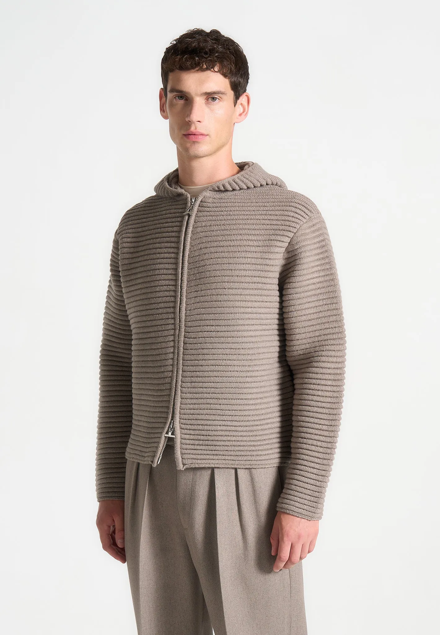 Ribbed Knit Zip Up Hoodie - Taupe sold by Maniere De Voir product image thumbnail 3