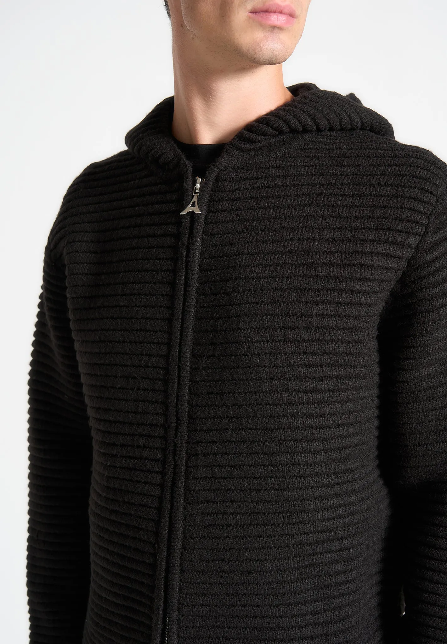 Ribbed Knit Zip Up Hoodie - Black sold by Maniere De Voir product image thumbnail 4
