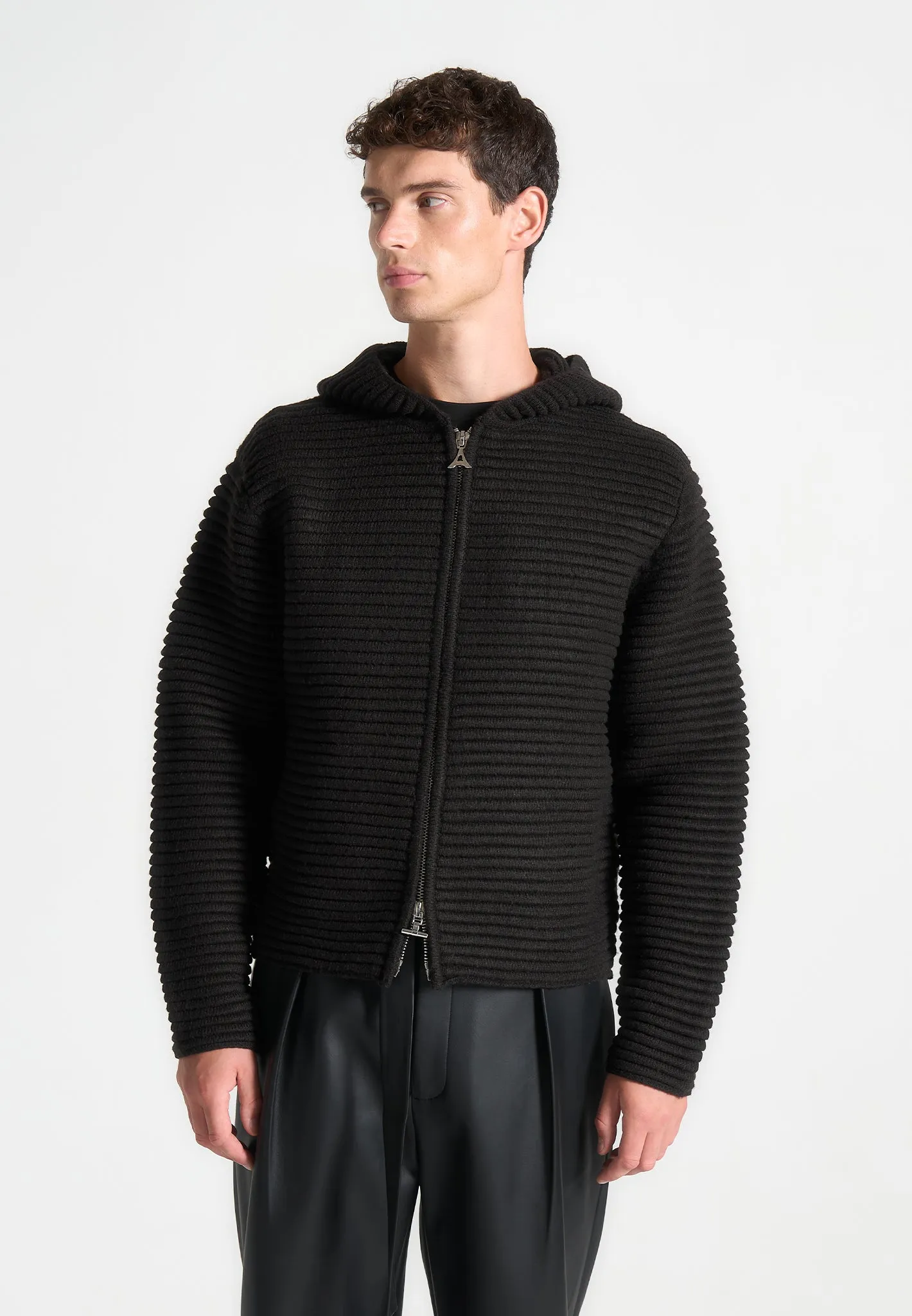 Ribbed Knit Zip Up Hoodie - Black sold by Maniere De Voir