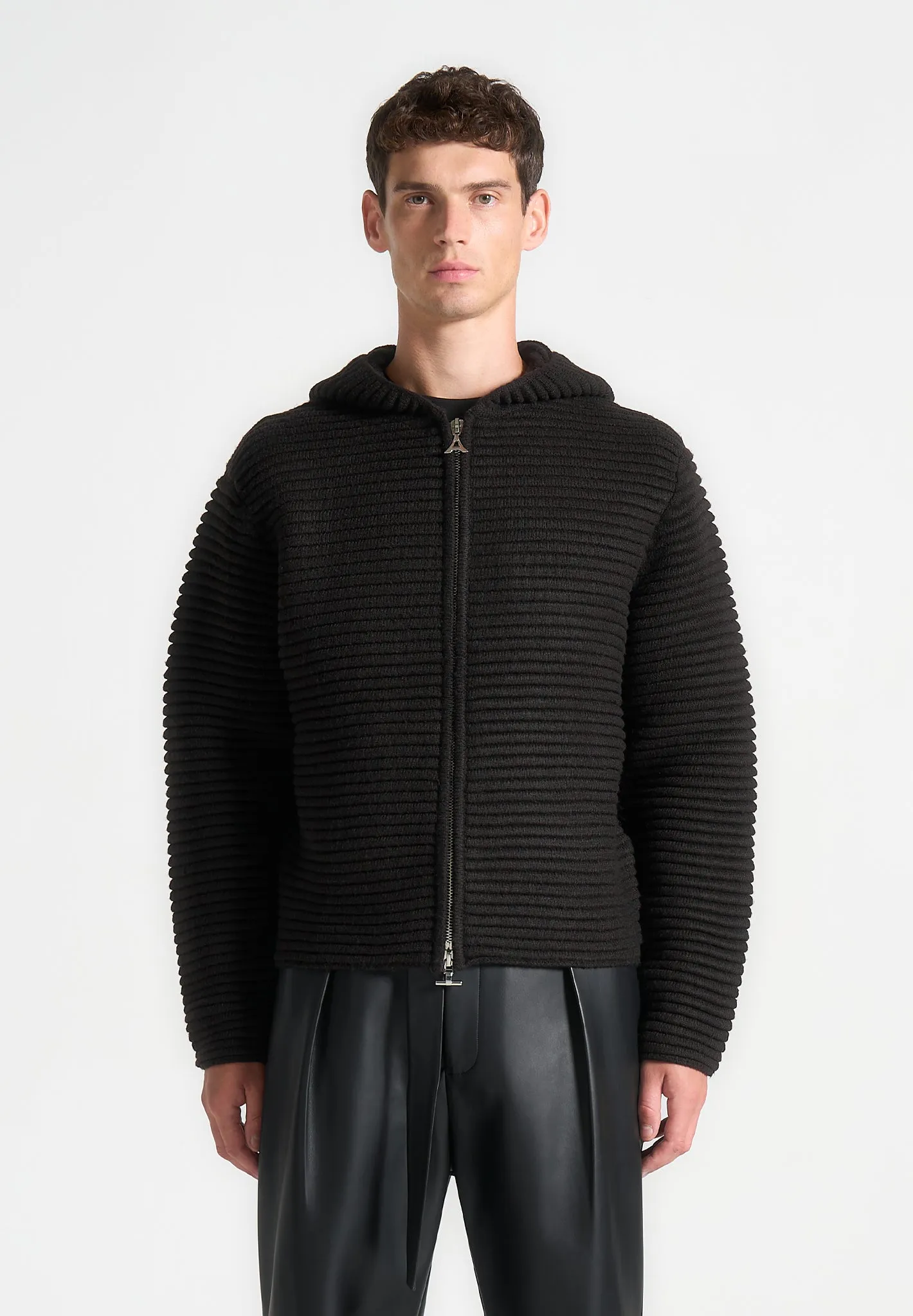 Ribbed Knit Zip Up Hoodie - Black sold by Maniere De Voir product image thumbnail 3