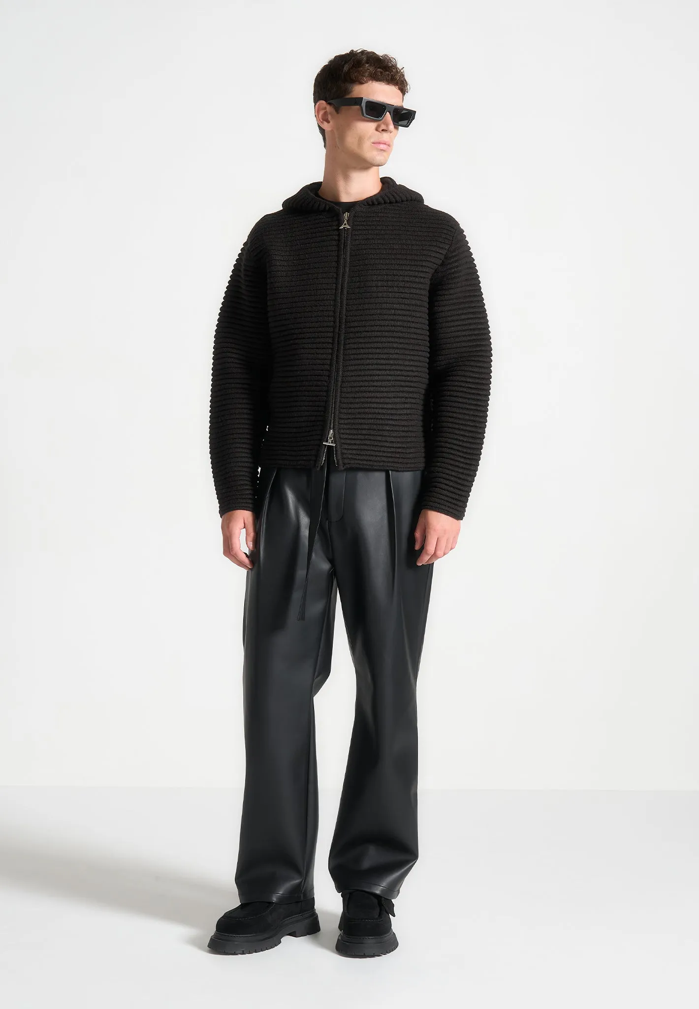 Ribbed Knit Zip Up Hoodie - Black sold by Maniere De Voir product image thumbnail 2