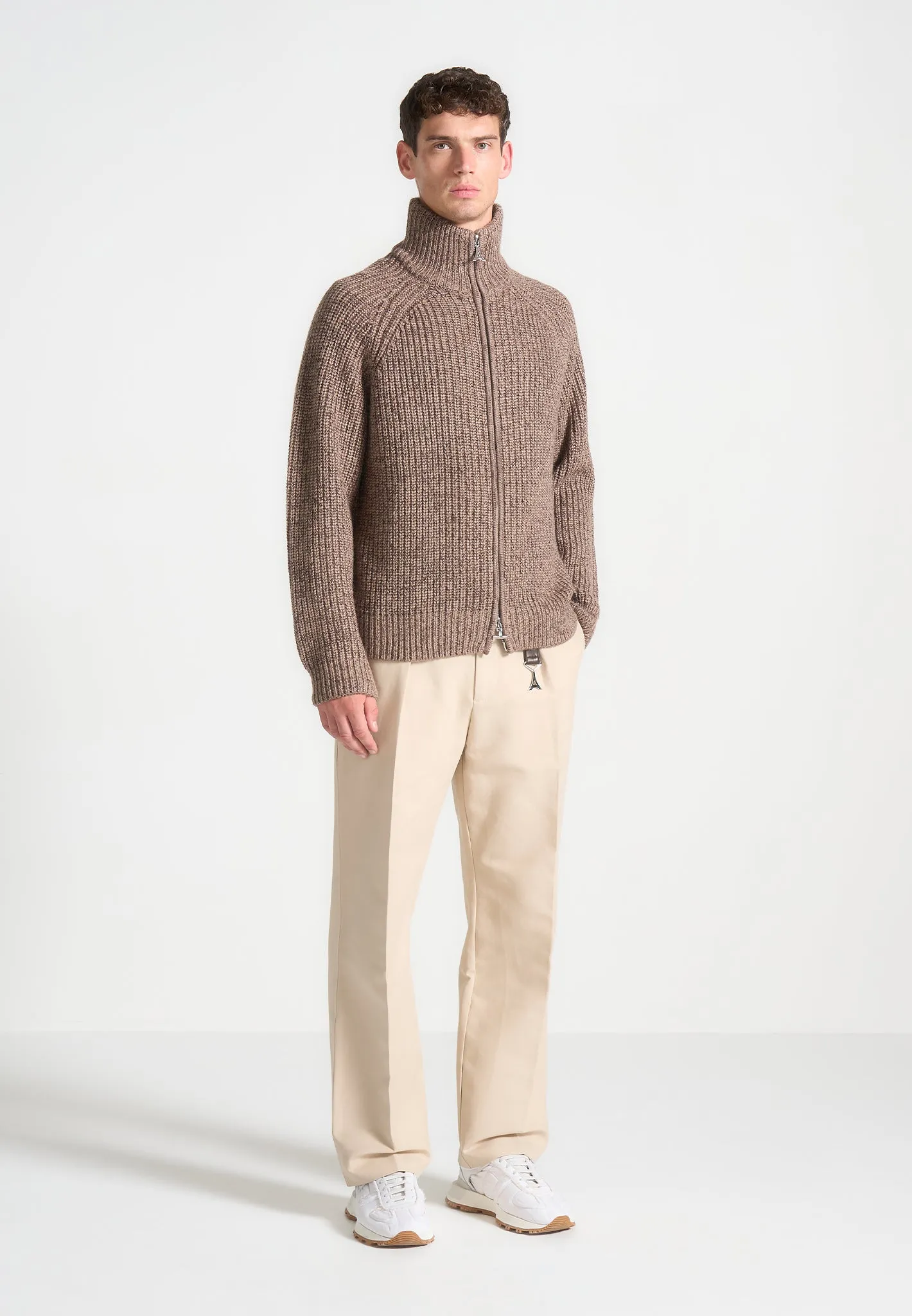 Speckled Wool Zip Up Cardigan - Taupe sold by Maniere De Voir