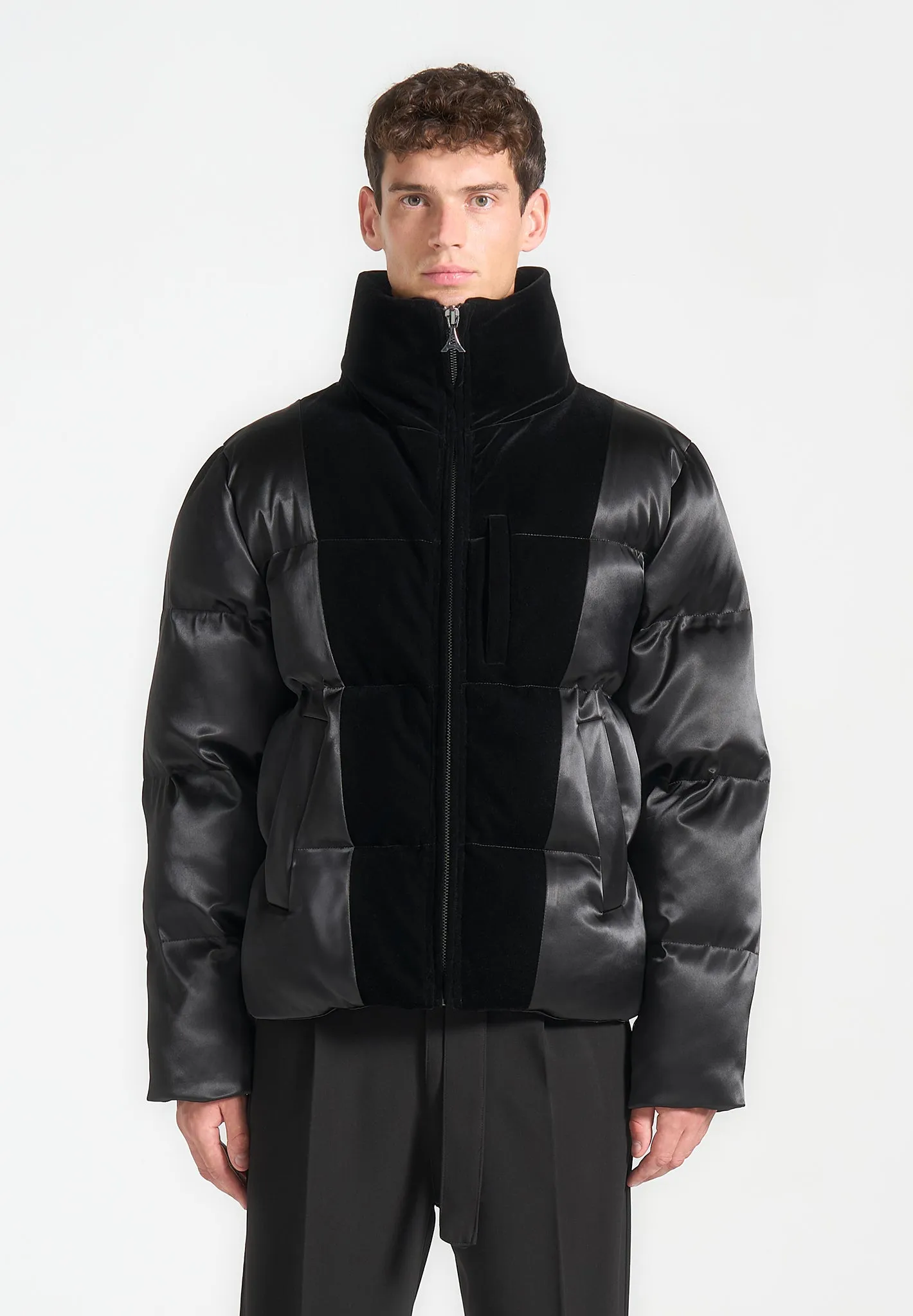 Alaric - Satin and Velvet Paneled Puffer Jacket - Black sold by Maniere De Voir