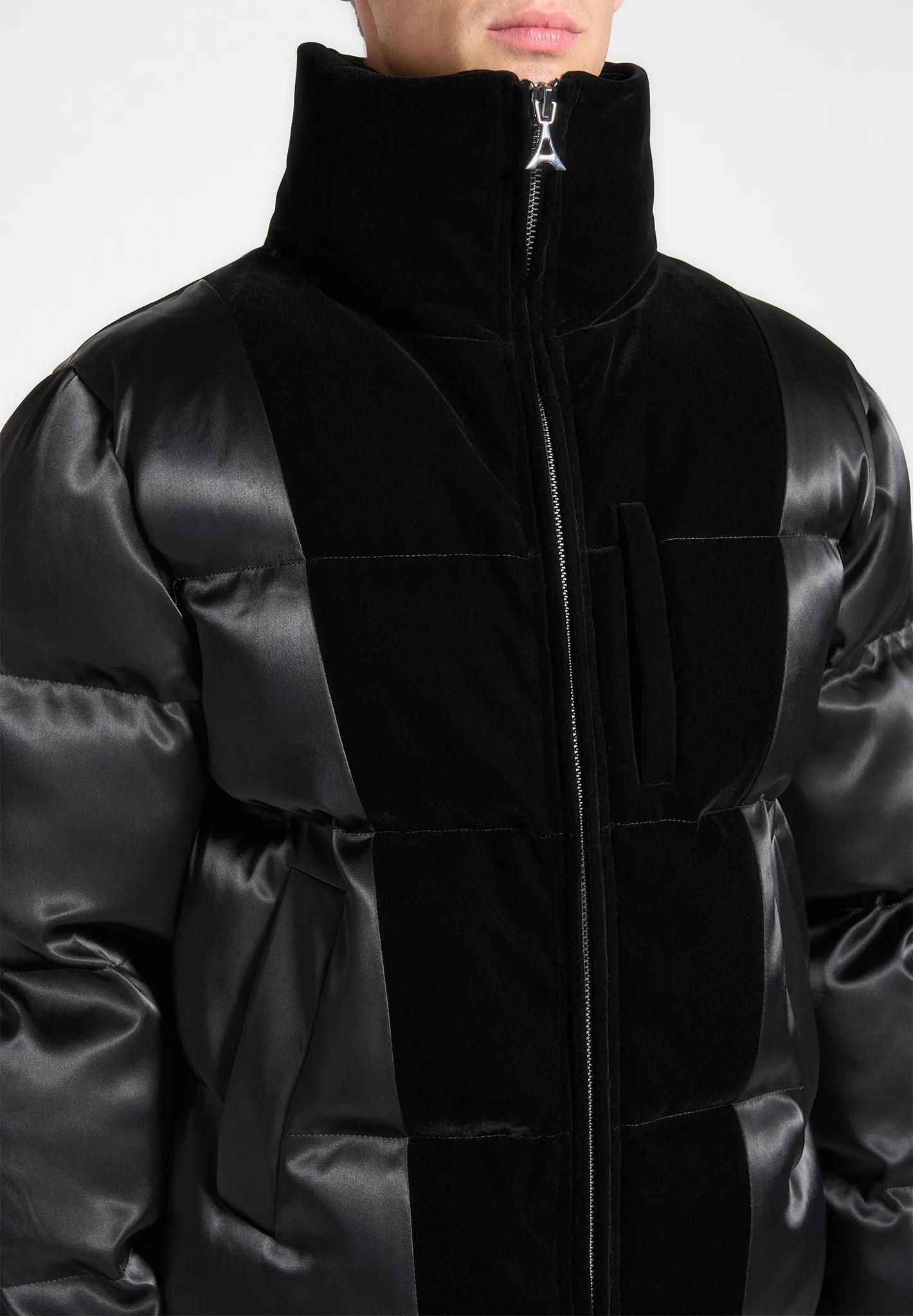 Alaric - Satin and Velvet Paneled Puffer Jacket - Black sold by Maniere De Voir product image thumbnail 4